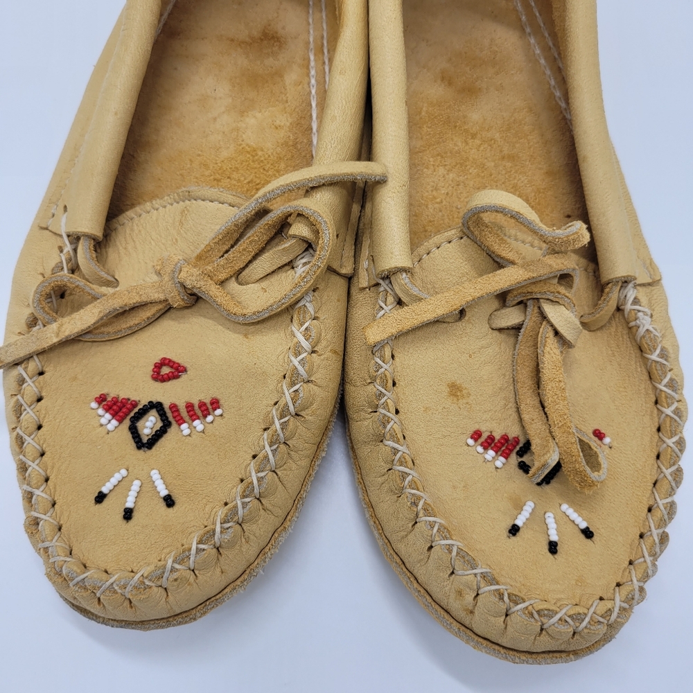 Laurentian Chief Moccasins Tan Moosehide Beaded Canada Style 7463 Womens Size 7 - Picture 5 of 16